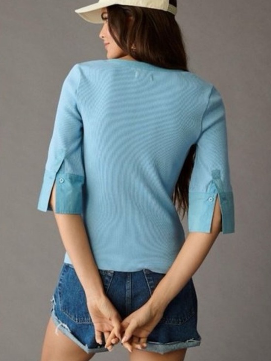 Maeve Anthropologie Light Blue Cuffed Popover 3/4 Sleeve Top | Size Medium - Picture 2 of 10